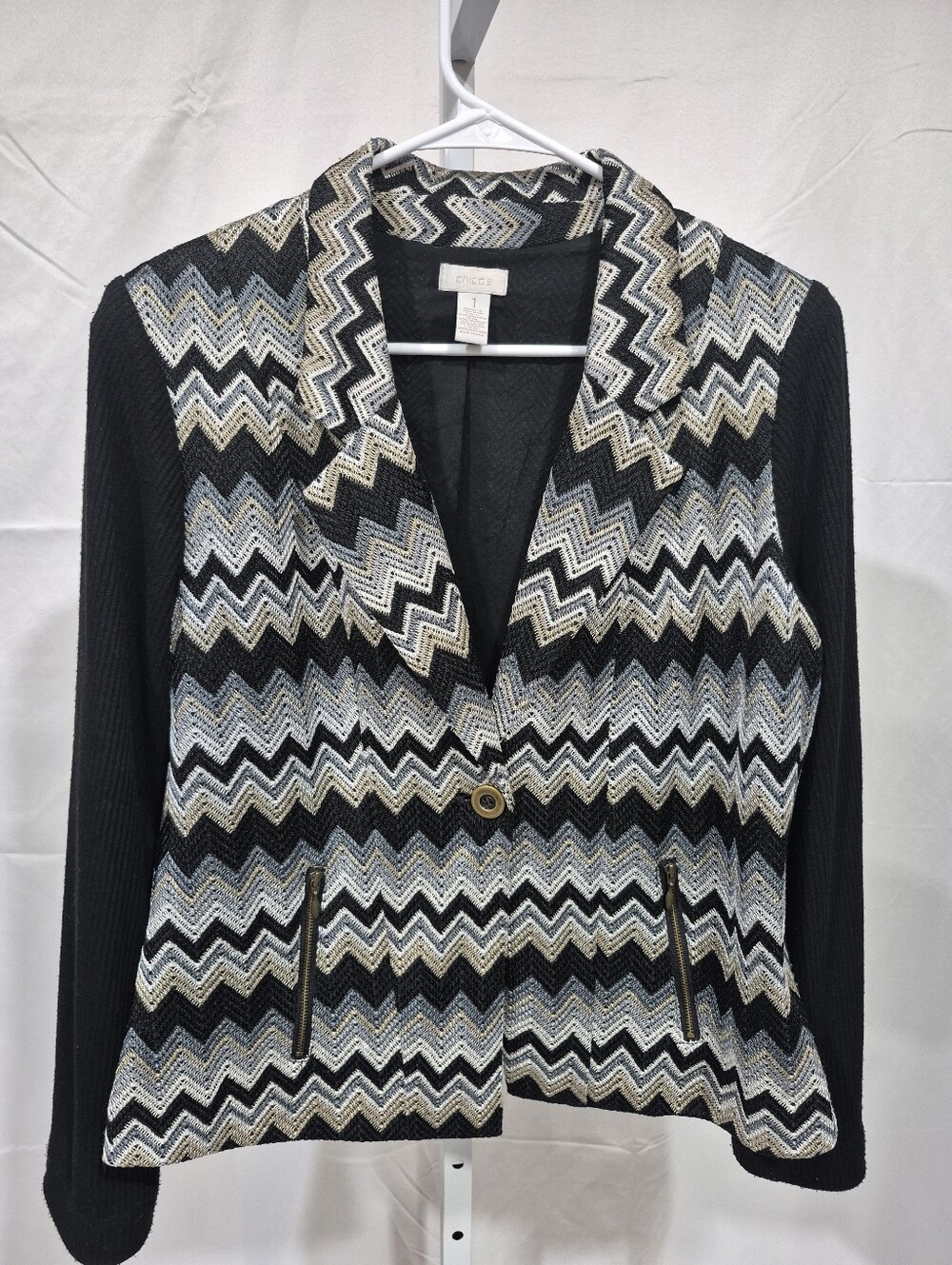 Chico's Size 1 Chevron Knit Blazer Jacket Open Weave Textured Medium